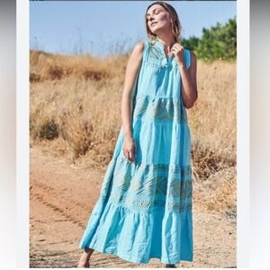 Women's Haris Cotton Turquoise Gold Embroidered Maxi Dress Large